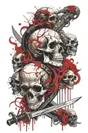 sword piercing 3 skulls with a snake coming out the skulls mouths  tattoo design idea