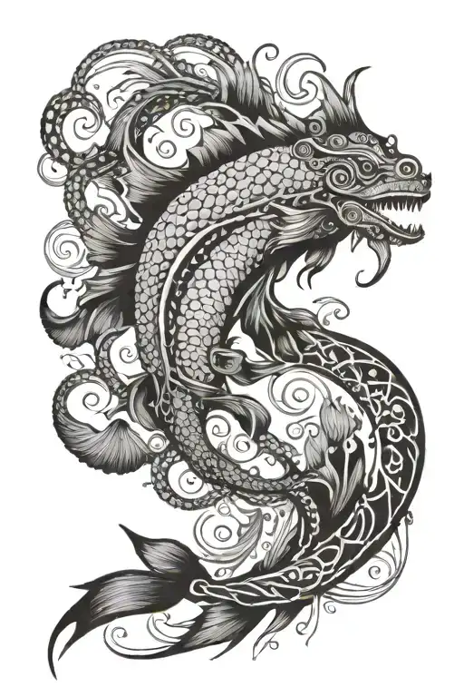 A blackwork tattoo of a mystical sea creature inspired by drawings and animals tattoo design idea