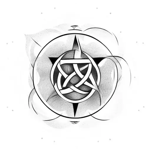 round tattoo for man. Placed in a circle, with triquetra, two arrows, lotus flower and symbol of spirituality tattoo design idea