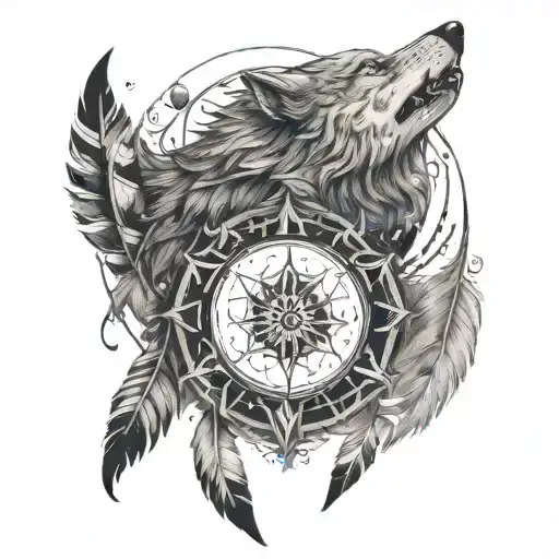 A stylized triskel symbol with a wolf howling at the moon, surrounded by eagle feathers floating around it tattoo design idea