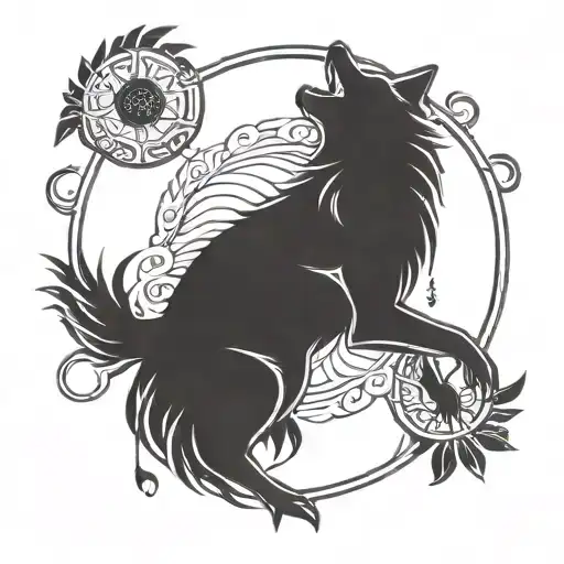 A stylized triskel symbol with a wolf howling at the moon, surrounded by eagle feathers floating around it tattoo design idea
