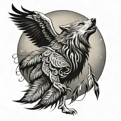 A stylized triskel symbol with a wolf howling at the moon, surrounded by eagle feathers floating around it tattoo design idea