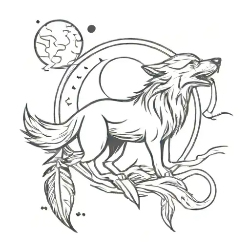 A stylized triskel symbol with a wolf howling at the moon, surrounded by eagle feathers floating around it tattoo design idea