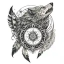 A stylized triskel symbol with a wolf howling at the moon, surrounded by eagle feathers floating around it tattoo design idea