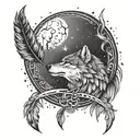 A stylized triskel symbol with a wolf howling at the moon, surrounded by eagle feathers floating around it tattoo design idea