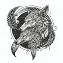 A stylized triskel symbol with a wolf howling at the moon, surrounded by eagle feathers floating around it tattoo design idea