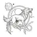 A stylized triskel symbol with a wolf howling at the moon, surrounded by eagle feathers floating around it tattoo design idea