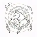 A stylized triskel symbol with a wolf howling at the moon, surrounded by eagle feathers floating around it tattoo design idea