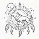 A stylized triskel symbol with a wolf howling at the moon, surrounded by eagle feathers floating around it tattoo design idea
