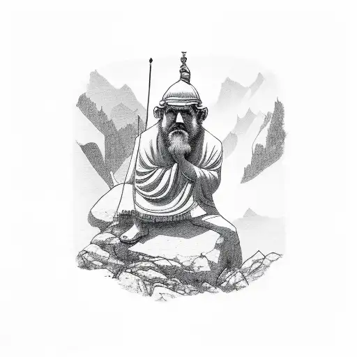 A philosopher sitting at the peak of a mountain, deep in thought tattoo design idea