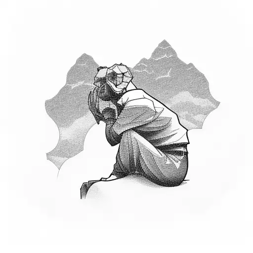 A philosopher sitting at the peak of a mountain, deep in thought tattoo design idea