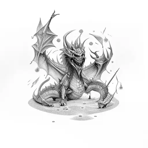  an open book of magic with magic fog, double bass and dragons. tattoo design idea