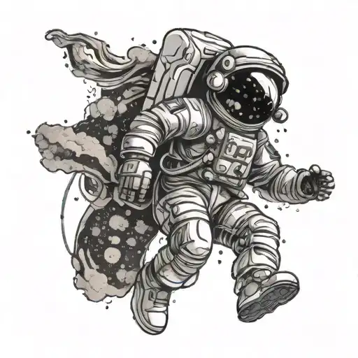 An astronaut floating in space surrounded by swirling psychedelic patterns inspired by rock music album covers tattoo design idea