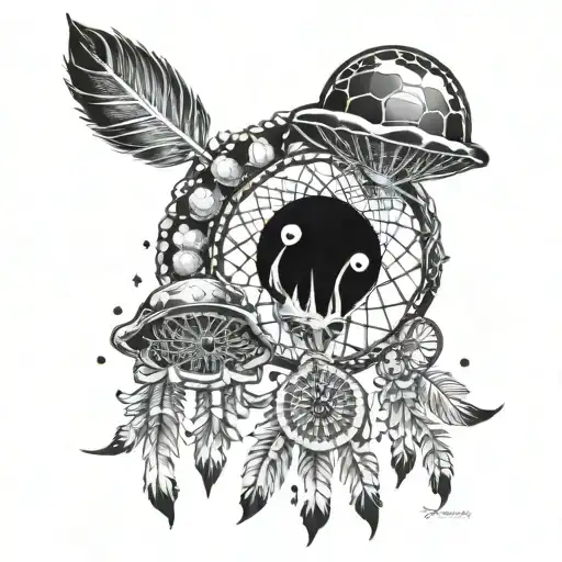A combination of a Native American dreamcatcher and a psychedelic mushroom, with a galaxy background tattoo design idea