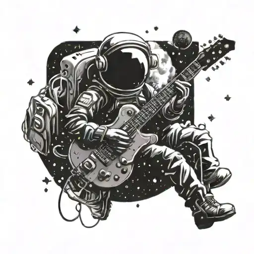 A cosmic scene of an astronaut playing a guitar in outer space surrounded by galaxies tattoo design idea