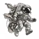 An astronaut floating in space surrounded by swirling psychedelic patterns inspired by rock music album covers tattoo design idea