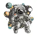 An astronaut floating in space surrounded by swirling psychedelic patterns inspired by rock music album covers tattoo design idea