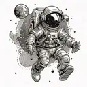 An astronaut floating in space surrounded by swirling psychedelic patterns inspired by rock music album covers tattoo design idea