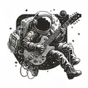 A cosmic scene of an astronaut playing a guitar in outer space surrounded by galaxies tattoo design idea