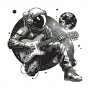 A cosmic scene of an astronaut playing a guitar in outer space surrounded by galaxies tattoo design idea
