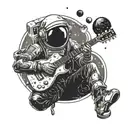 A cosmic scene of an astronaut playing a guitar in outer space surrounded by galaxies tattoo design idea