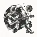A cosmic scene of an astronaut playing a guitar in outer space surrounded by galaxies tattoo design idea