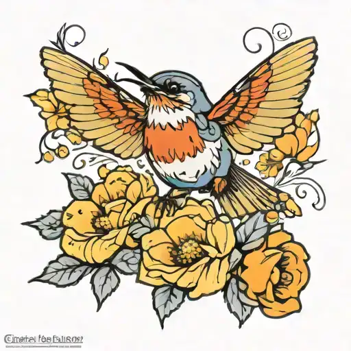 robin, flowers, bees, butterflies flying tattoo design idea
