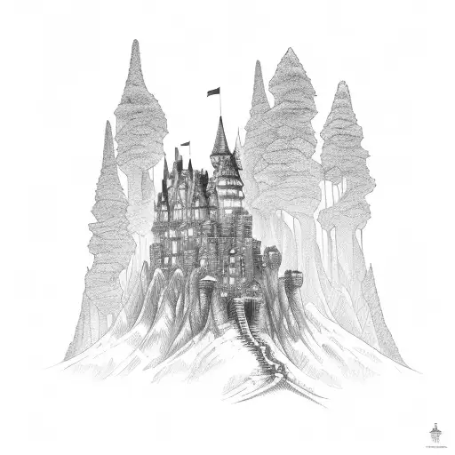 A castle nestled in the midst of a dense forest tattoo design idea