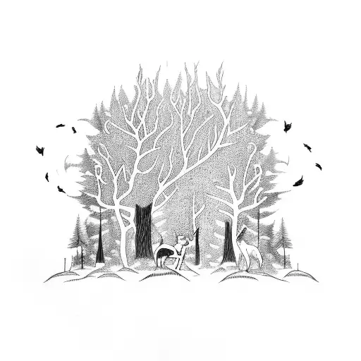A mystical forest with animals hidden among the trees tattoo design idea