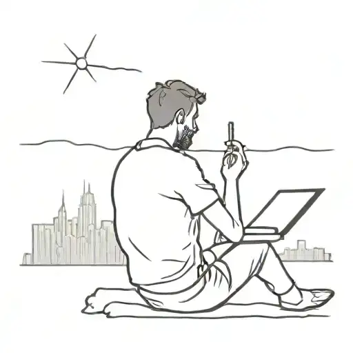 A minimalist tattoo of a silhouette of a person reading a book with the skyline of Spain and UK in the background tattoo design idea