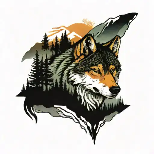 half sleeve with a forest, frozen lake, pack of wolves, artic mountians, and the corthern lightrs  tattoo design idea