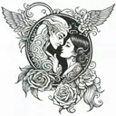 ying and yang with man and woman kissing each other tattoo design idea