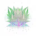 A new-school design featuring a psychedelic forest scene with musical notes intertwined with cannabis plants tattoo design idea