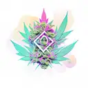 A new-school design featuring a psychedelic forest scene with musical notes intertwined with cannabis plants tattoo design idea