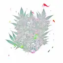 A new-school design featuring a psychedelic forest scene with musical notes intertwined with cannabis plants tattoo design idea