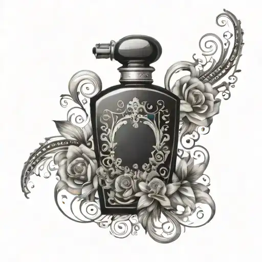 An artistic tattoo of a perfume bottle surrounded by swirling abstract designs and floral patterns tattoo design idea