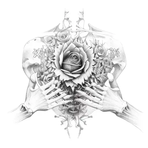 skeleton hand and forearm, vines, sunflower, rose tattoo design idea