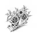 skeleton hand and forearm, vines, sunflower, rose tattoo design idea