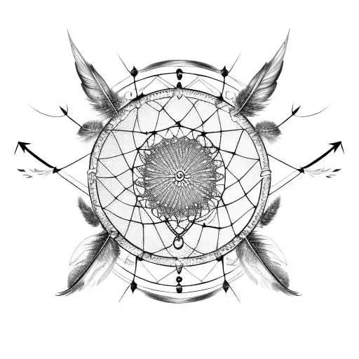 A dreamcatcher with feathers and arrows intertwined, symbolizing protection and guidance tattoo design idea