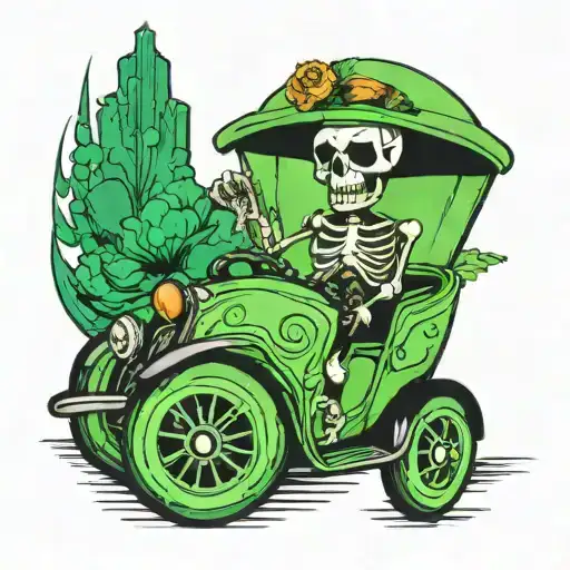 a skeleton driving a green car tattoo design idea