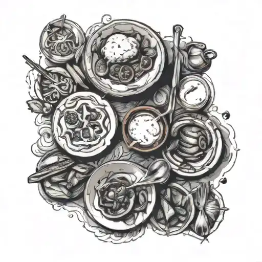 A culinary themed sleeve tattoo featuring different cuisines from around the world in blackwork style tattoo design idea