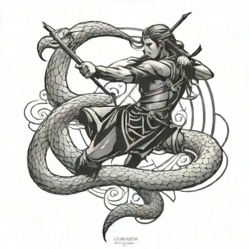 Illustrate a Sagittarius archer battling a snake in a captivating black and grey tattoo tattoo design idea