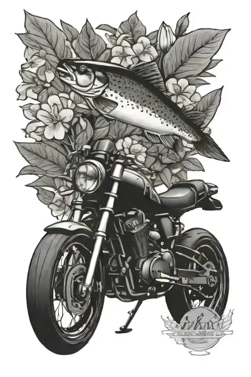 brook trout with rhododendron and honda shadow motorcycle tattoo design idea