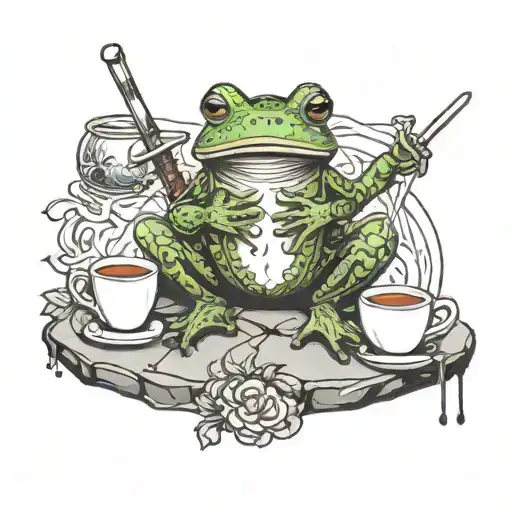 Frog sitting on the round stone, holding a cup of tea, having a sword behind its back in sheath. tattoo design idea