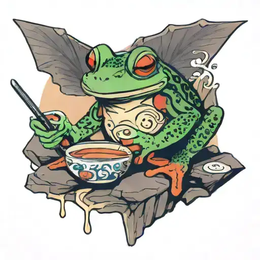 Frog sitting on the round stone, holding a cup of tea, having a sword behind its back in sheath. tattoo design idea