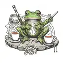 Frog sitting on the round stone, holding a cup of tea, having a sword behind its back in sheath. tattoo design idea