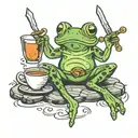 Frog sitting on the round stone, holding a cup of tea, having a sword behind its back in sheath. tattoo design idea