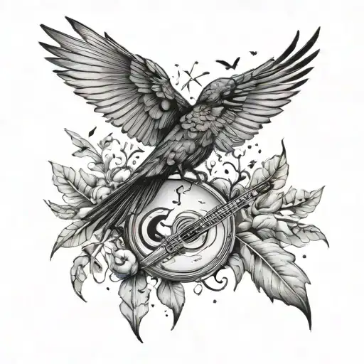 A serene landscape tattoo of a black swallow flying over a lush forest with musical instruments scattered below tattoo design idea