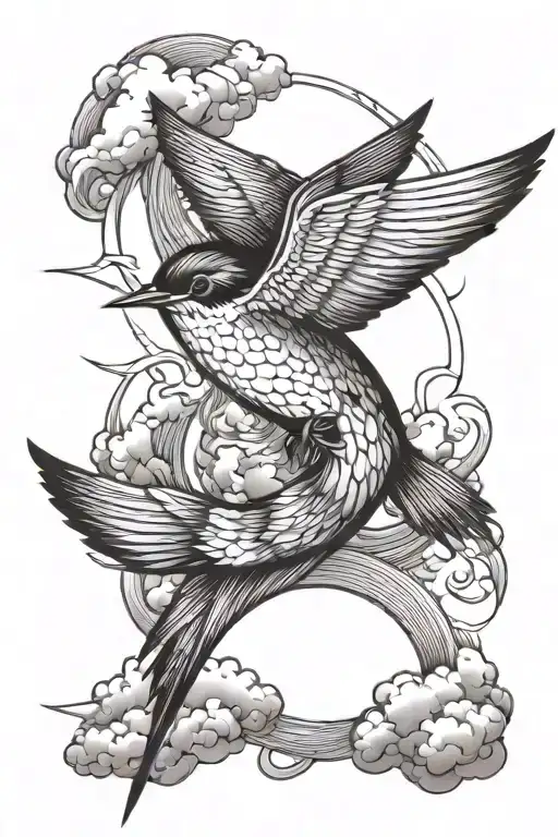 swallow with lightning and clouds behind and waves tattoo design idea