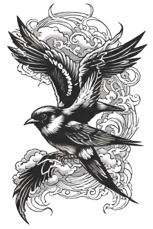swallow with realistic lightning and clouds behind tattoo design idea